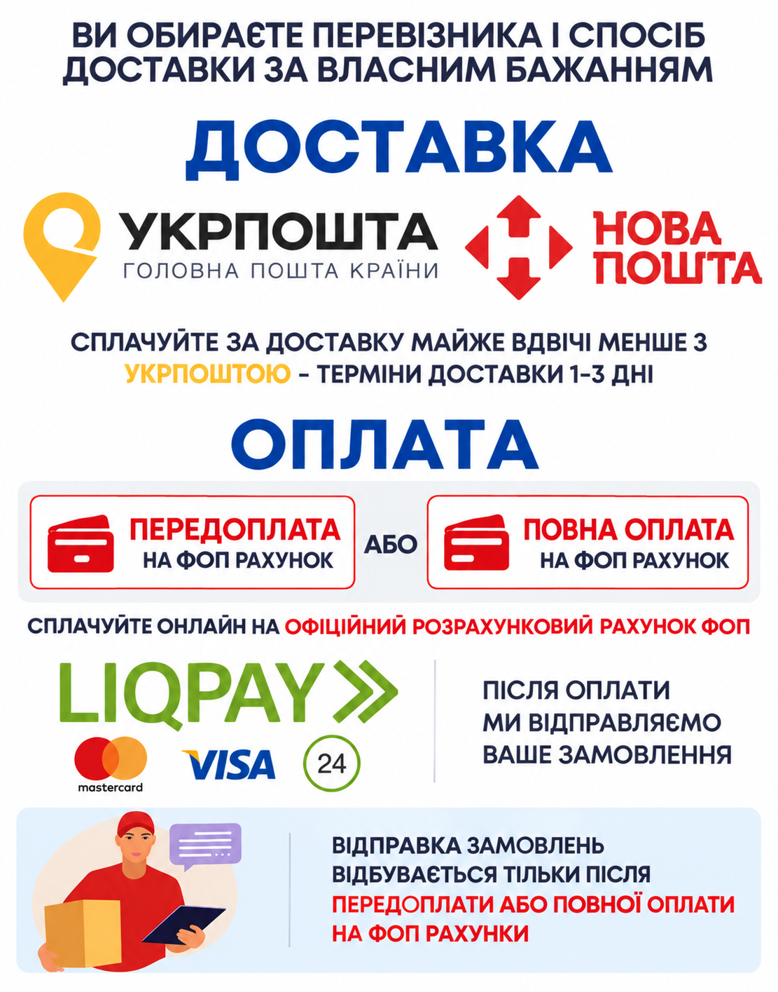 Нова пошта, Укрпошта, передоплата або повна оплата на ФОП рахунок